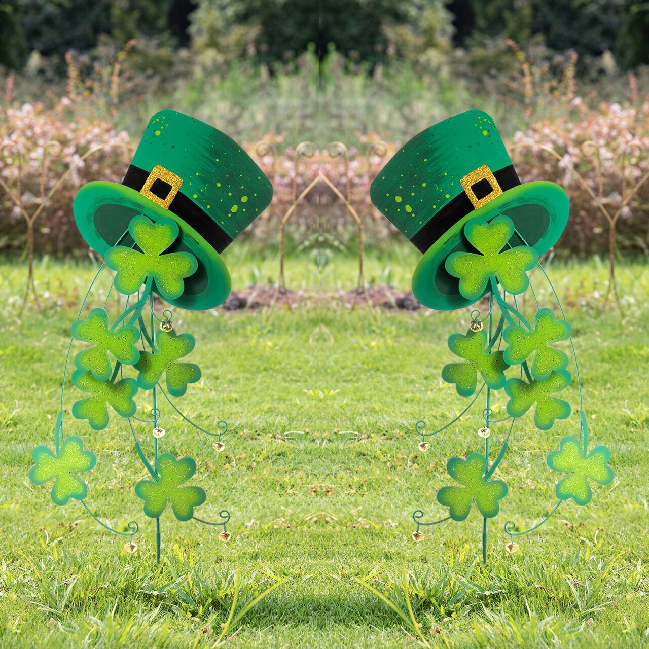 Set of 2 42"H St. Patrick's Metal Leprechaun Hat Shamrocks Yard stake